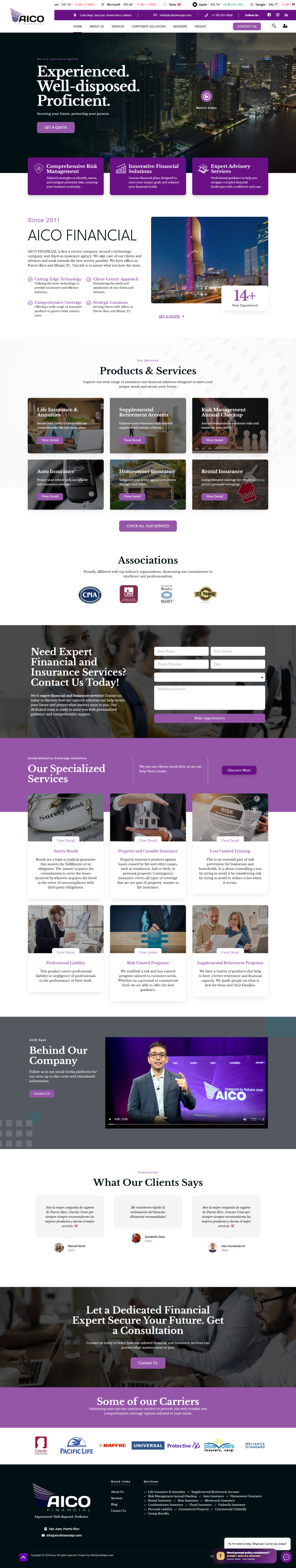 Captura de la página web de aterrizaje de AICO Financial, que muestra un diseño corporativo y moderno en modo oscuro con secciones para servicios de inversión, testimonios y contacto.