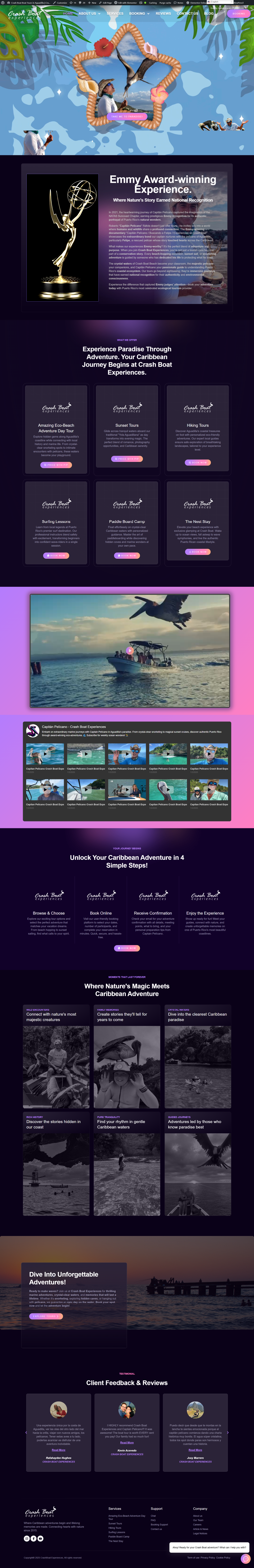 Captura de la landing page de Crash Boat Experiences. Muestra un vibrante diseño inmersivo en tonos morados oscuros y acentos de neón, destacando servicios de tours en bote, un galardón Emmy, galerías de video caribeñas y reseñas de clientes.