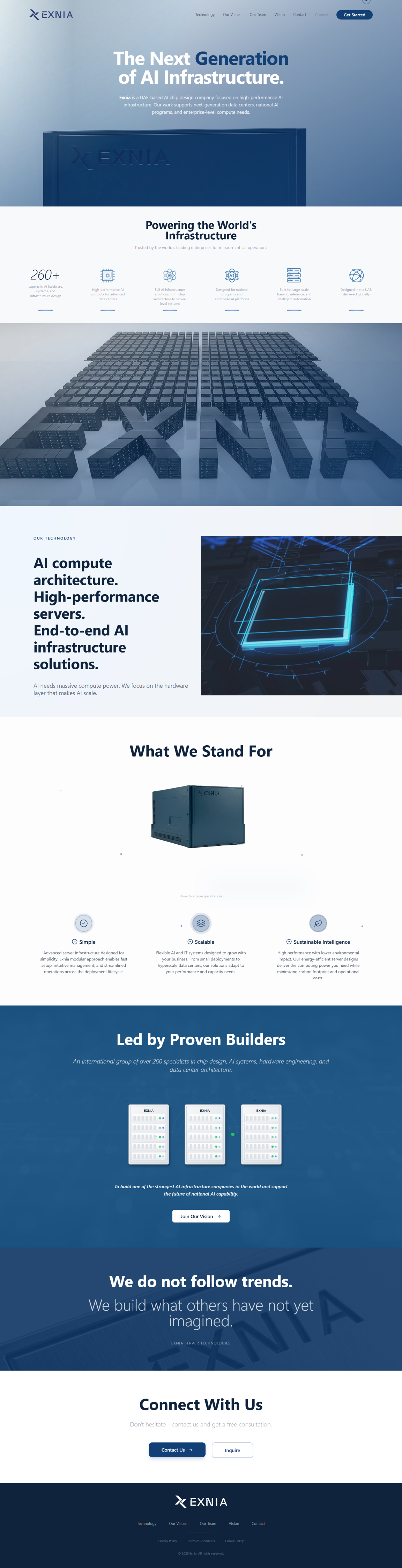 Captura de la landing page de Exnia, mostrando un diseño tecnológico y futurista en tonos azules oscuros. Incluye secciones detalladas sobre características de TI, maquetas de paneles de datos inteligentes y preguntas frecuentes.