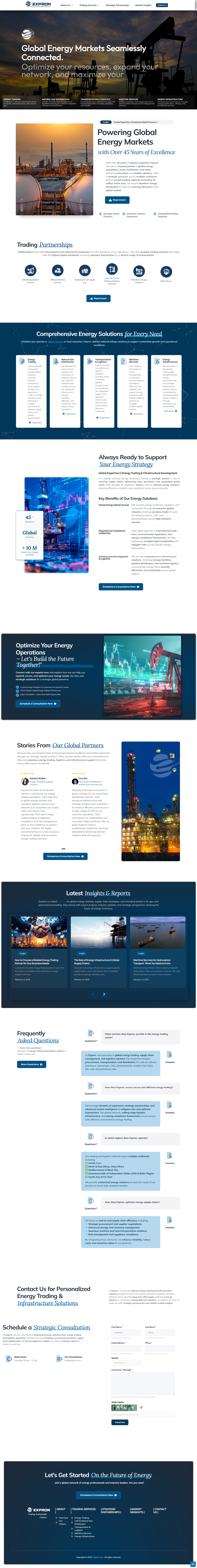Captura de la landing page corporativa de Expron sobre mercados energéticos globales. Muestra un diseño profesional en tonos azul marino, integrando fotografías industriales, tarjetas de servicios, sección de preguntas frecuentes y formulario de contacto B2B.