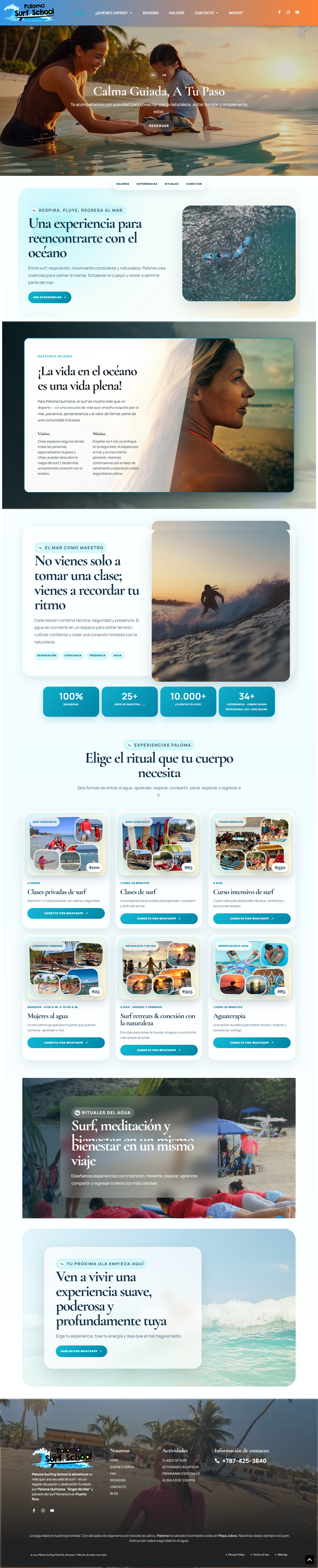 Captura de la landing page de Paloma Surfing School. Diseño sereno y luminoso en tonos aguamarina y blanco, destacando servicios de bienestar, clases de surf, meditación y conexión con el océano.