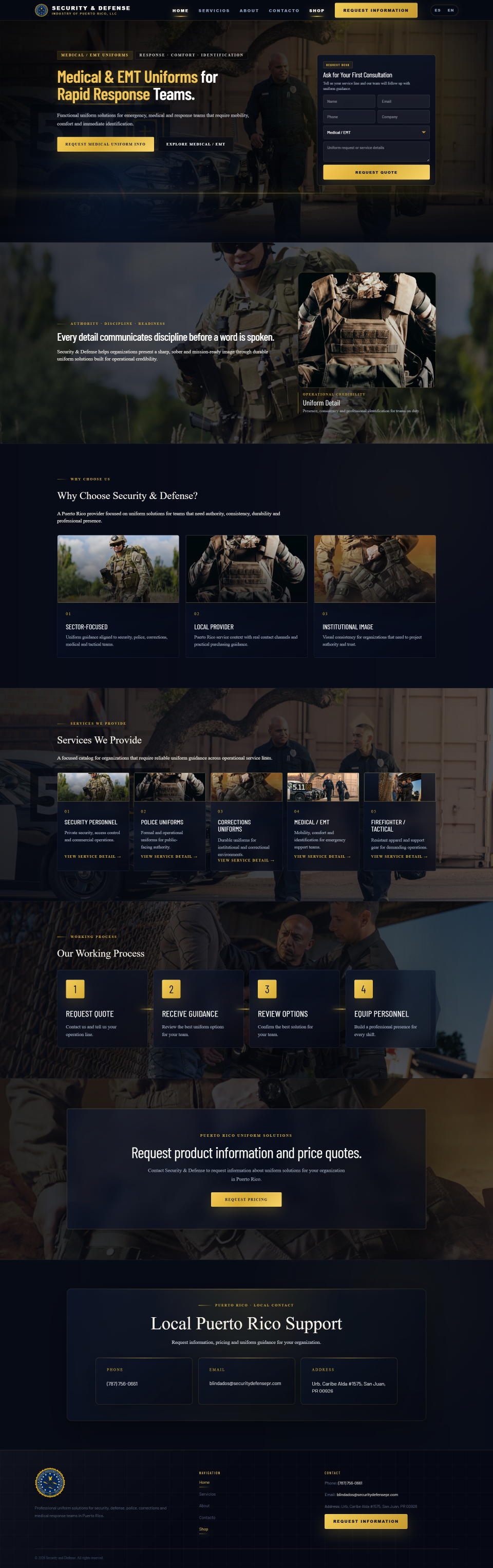 Captura de la landing page de Security & Defense Puerto Rico. Diseño táctico en modo oscuro con acentos dorados, mostrando uniformes médicos, policiales y militares, junto con formularios de cotización rápida y catálogo de servicios.